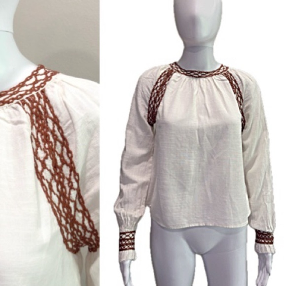 Faherty Cream Peasant Blouse with Brown Crochet Trim